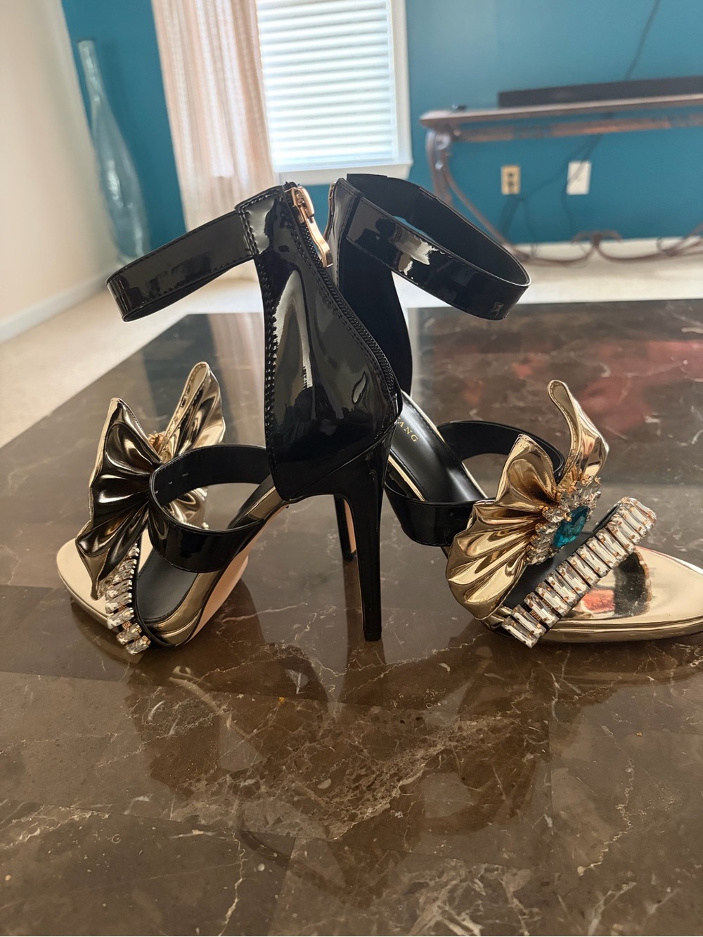 Black Patent Stiletto Sandals with Gold Bow and Crystal Accent